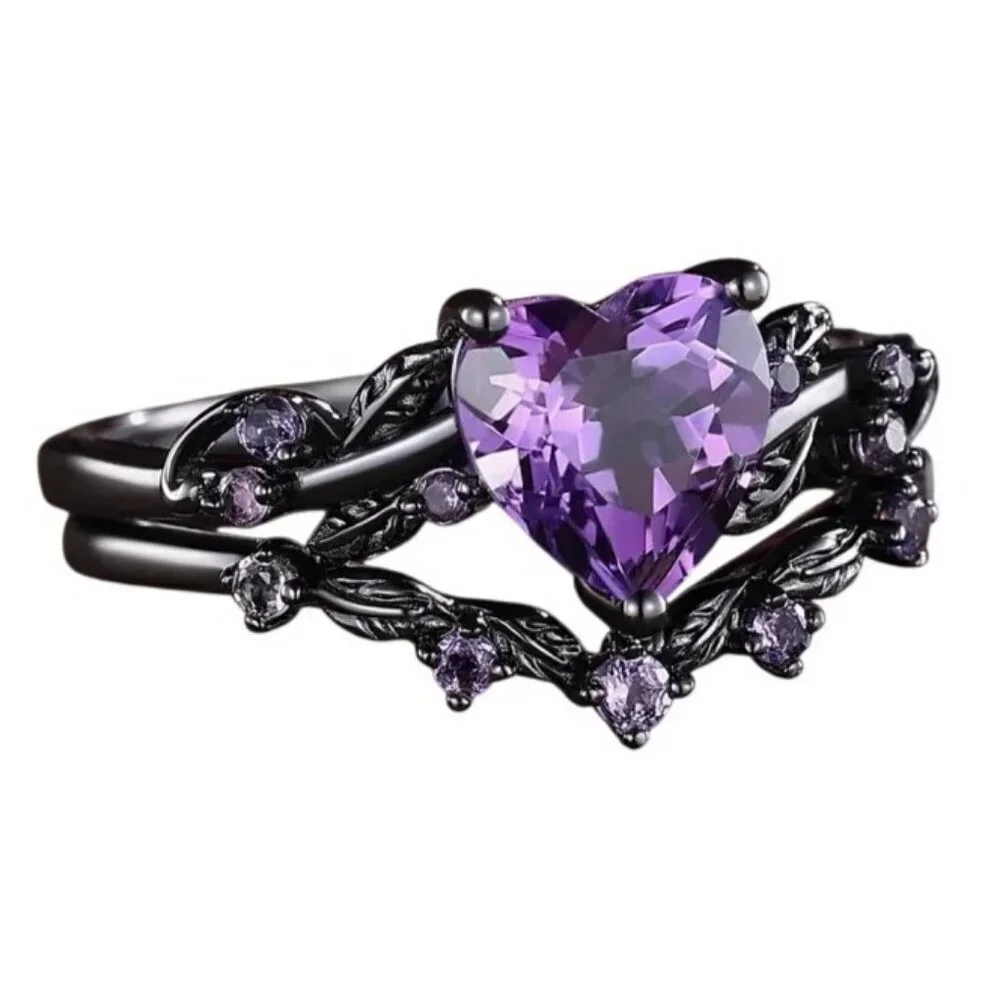 Heart Cut Amethyst & Moissanite 2 piece engagement wedding ring set in rhodium